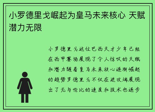 小罗德里戈崛起为皇马未来核心 天赋潜力无限